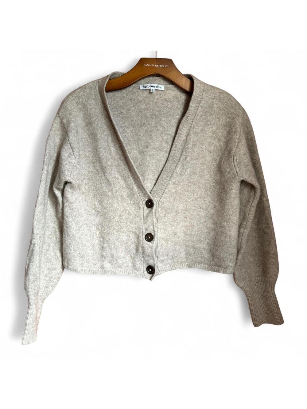 Reformation Beige Preppy 100% Wool Academic Button-Up Fall Cardigan Size S